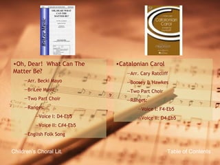 Table of Contents Children’s Choral Lit. Oh, Dear!  What Can The Matter Be? Arr. Becki Mayo BriLee Music Two Part Choir Ranges: Voice I: D4-Eb5 Voice II: C#4-Eb5 English Folk Song Catalonian Carol Arr. Cary Ratcliff Boosey & Hawkes Two Part Choir Ranges: Voice I: F4-Eb5 Voice II: D4-Eb5 