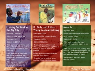 Children’s Reading Literature Table of Contents Looking For Bird in the Big City By Robert Burleigh Illustrated By: Marek Los Harcourt, Inc. ISBN: 0-15-202031-4 This is a historical fiction book about when Miles Davis went to look for Charlie Parker In New York City. This book can be used when teaching scat because scat syllables are included on almost every page. This is also an excellent tool for teaching jazz history and engaging student interest. If I Only Had A Horn: Young Louis Armstrong By Roxane Orgill Illustrated By: Leonard Jenkins Houghton-Mifflin ISBN:  061825076X  This is a historical fiction book about Louis Armstrong.  Ogill tries to remain as close to the truth as possible. This is a great book to use when teaching Jazz History. This also can be utitlized when teaching African-Ameican Music. Music Is By Lloyd Moss Illustrated by Philippe Petit-Roulet G.P. Putnam’s Sons ISBN: 0-399-23336-9 This book includes the many different ways music is part of our lives. This can be used when teahing that music is a part of everything that we do.  Then ask students when music was really important to them? Ask students how they would describe music. 