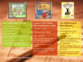 Children’s Reading Literature Table of Contents The Teddy Bear’s Picnic By Jimmy Kennedy Illustrated by Alexandra Day Green Tiger Press ISBN: 0-671-75589-7 This is a story about all the teddy bears having a picnic. This story can be read as a song. Have students write a story about their own bear, then write a simple melody for it. I Know A Shy Fellow Who Swallowed a Cello By Barbara S. Garriel  Illustrated byJohn O'Brien   ISBN: 1590780434   This is a similar story to “There was an Old lady who Swallowed a Fly” but using musical instruments. This book should be sung to children. Can have a discussion about each instrument that he eats and how that instrument sounds. The Philharmonic Gets Dressed By Karla Kuskin Illustrated by Marc Simont Harper Trophy ISBN: 006443124X  This book tells the story of the members of a philharmonic orchestra getting ready to play on a Friday night. This is an excellent tool to use when talking about the different instruments. Can also be read bfroe taking a field trip to hear an orchestra perform. 