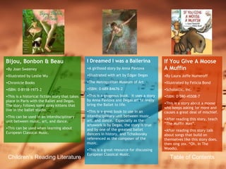 Children’s Reading Literature Table of Contents Bijou, Bonbon & Beau By Joan Sweeney Illustrated by Leslie Wu Chronicle Books ISBN: 0-8118-1975-2 This is a historical fiction story that takes place in Paris with the Ballet and Degas.  The story follows some stray kittens that live in the ballet studio. This can be used in an interdisciplinary unit between music, art, and dance. This can be used when learning about European Classical Music. I Dreamed I was a Ballerina A girlhood story by Anna Pavlova Illustrated with art by Edgar Degas The Metropolitan Museum of Art ISBN: 0-689-84676-2 This is a grogeous book.  It uses a story by Anna Pavlova and Degas art to really bring the Ballet to life. This is a great book to use in an interdisciplinary unit between music, art, and dance.  Especially as the artowork is by Degas, the story is true and by one of the greatest ballet dancers in history, and Tchaikovsky referenced as the composer of the music. This is a great resource for discussing European Classical Music. If You Give A Moose A Muffin By Laura Joffe Numeroff Illustrated by Felicia Bond Scholastic, Inc. ISBN: 0-590-45508-7 This is a story about a moose who keeps asking for more and causes a great deal of mischief. After reading this story, teach “The Muffin Man”. After reading this story talk about songs that build on themselves like this story does, then sing (ex. “Oh, In The Woods). 