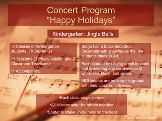 Concert Program “Happy Holidays” Kindergarten: Jingle Bells 3 Classes of Kindergarten students (70 Students) 4 Teachers (1 Music teacher and 3 Classroom Teachers) 1 Accompanist. Stage has a Black backdrop decorated with snowflakes that the students made in Art. Each student has a jingle bell bracelet and is wearing any combination of white, red, black, and green. All Students are on stage in groups with their classroom teacher. Each class sings a verse All classes sing the refrain together Students shake jingle bells on the beat Table of Contents 