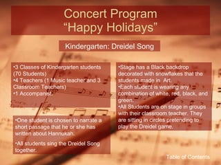 Concert Program “Happy Holidays” Kindergarten: Dreidel Song 3 Classes of Kindergarten students (70 Students) 4 Teachers (1 Music teacher and 3 Classroom Teachers) 1 Accompanist. Stage has a Black backdrop decorated with snowflakes that the students made in  Art. Each student is wearing any combination of white, red, black, and green. All Students are on stage in groups with their classroom teacher. They are sitting in circles pretending to play the Dreidel game. One student is chosen to narrate a short passage that he or she has written about Hannukah. All students sing the Dreidel Song together. Table of Contents 