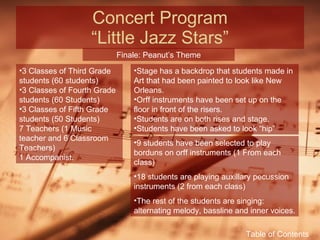 Concert Program “Little Jazz Stars” 3 Classes of Third Grade students (60 students) 3 Classes of Fourth Grade students (60 Students) 3 Classes of Fifth Grade students (50 Students) 7 Teachers (1 Music teacher and 6 Classroom Teachers) 1 Accompanist. Finale: Peanut’s Theme Stage has a backdrop that students made in Art that had been painted to look like New Orleans. Orff instruments have been set up on the floor in front of the risers. Students are on both rises and stage. Students have been asked to look “hip” 9 students have been selected to play borduns on orff instruments (1 From each class) 18 students are playing auxillary pecussion instruments (2 from each class) The rest of the students are singing: alternating melody, bassline and inner voices. Table of Contents 