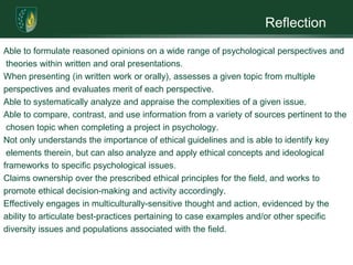 ReflectionAble to formulate reasoned opinions on a wide range of psychological perspectives andtheories within written and oral presentations. When presenting (in written work or orally), assesses a given topic from multiple perspectivesand evaluates merit of each perspective.Able to systematically analyze and appraise the complexities of a given issue.Able to compare, contrast, and use information from a variety of sources pertinent to thechosen topic when completing a project in psychology.Not only understands the importance of ethical guidelines and is able to identify keyelements therein, but can also analyze and apply ethical concepts and ideological frameworks to specific psychological issues. Claims ownership over the prescribed ethical principles for the field, and works to promote ethical decision-making and activity accordingly.Effectively engages in multiculturally-sensitive thought and action, evidenced by the ability to articulate best-practices pertaining to case examples and/or other specific diversity issues and populations associated with the field.  