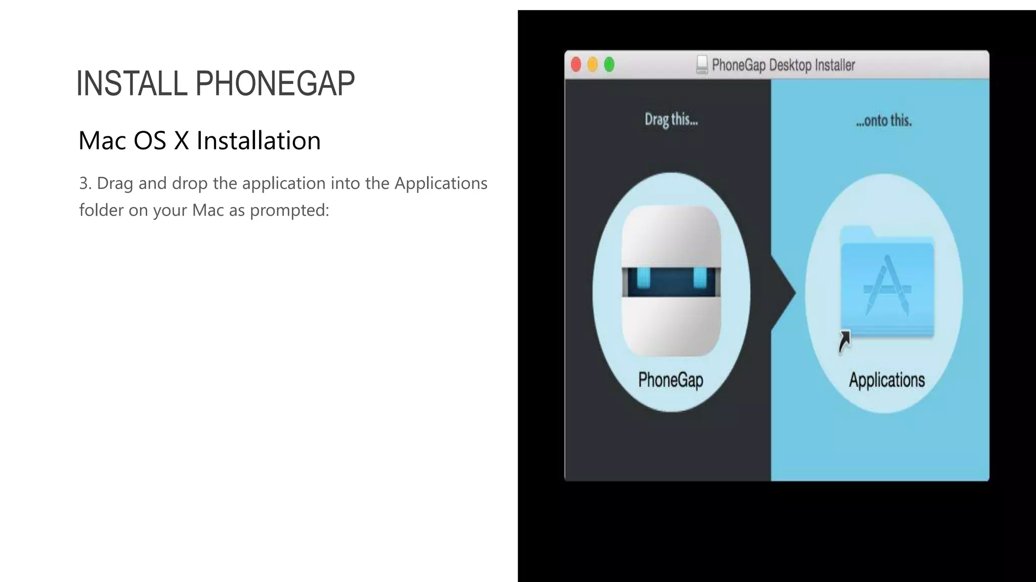 3. Drag and drop the application into the Applications folder on your Mac as prompted: INSTALL PHONEGAP Mac OS X Installation 