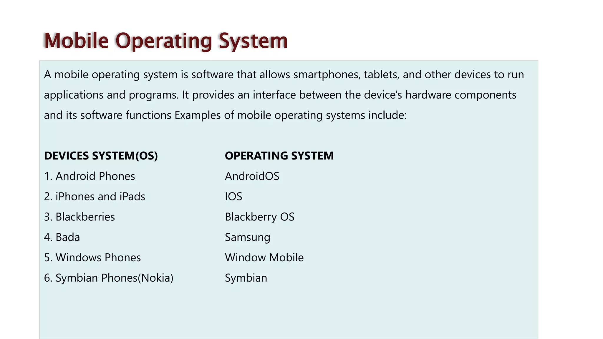Mobile Operating System A mobile operating system is software that allows smartphones, tablets, and other devices to run applications and programs. It provides an interface between the device's hardware components and its software functions Examples of mobile operating systems include: DEVICES SYSTEM(OS) OPERATING SYSTEM 1. Android Phones AndroidOS 2. iPhones and iPads IOS 3. Blackberries Blackberry OS 4. Bada Samsung 5. Windows Phones Window Mobile 6. Symbian Phones(Nokia) Symbian 