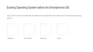 J2me
Palm OS
Psion EPOC
Symbian
Epoc, Palm Os, Wml and J2ME/JME are software that existed before the advent of the smartphones operating
systems
Existing Operating System before the Smartphones OS
 