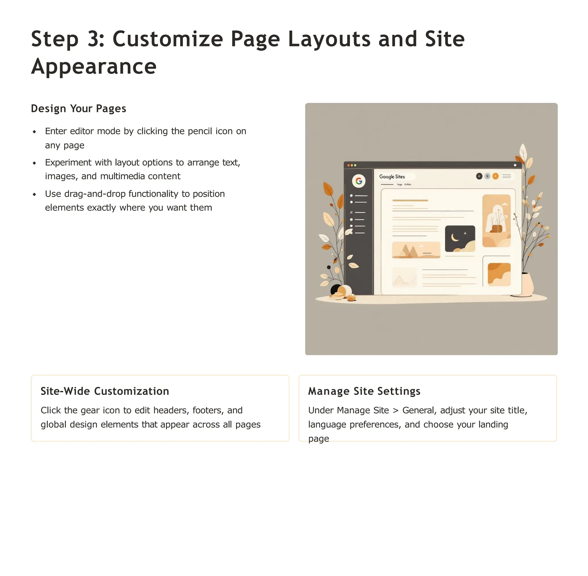 Step 3: Customize Page Layouts and Site
Appearance
Design Your Pages
Enter editor mode by clicking the pencil icon on
any page
Experiment with layout options to arrange text,
images, and multimedia content
Use drag-and-drop functionality to position
elements exactly where you want them
Site-Wide Customization
Click the gear icon to edit headers, footers, and
global design elements that appear across all pages
Manage Site Settings
Under Manage Site > General, adjust your site title,
language preferences, and choose your landing
page
 