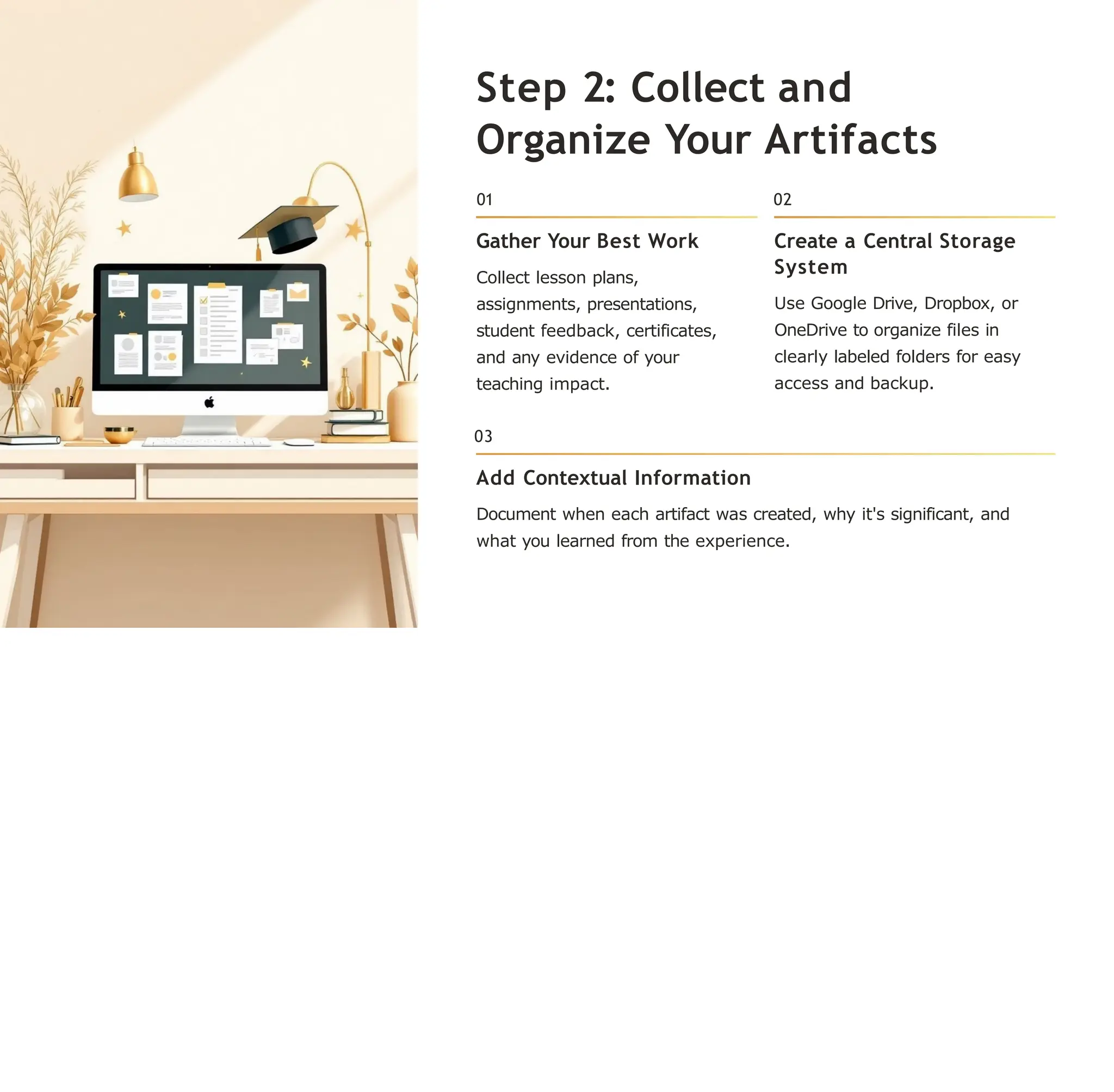 Step 2: Collect and
Organize Your Artifacts
01 02
Gather Your Best Work
Collect lesson plans,
assignments, presentations,
student feedback, certificates,
and any evidence of your
teaching impact.
Create a Central Storage
System
Use Google Drive, Dropbox, or
OneDrive to organize files in
clearly labeled folders for easy
access and backup.
03
Add Contextual Information
Document when each artifact was created, why it's significant, and
what you learned from the experience.
 