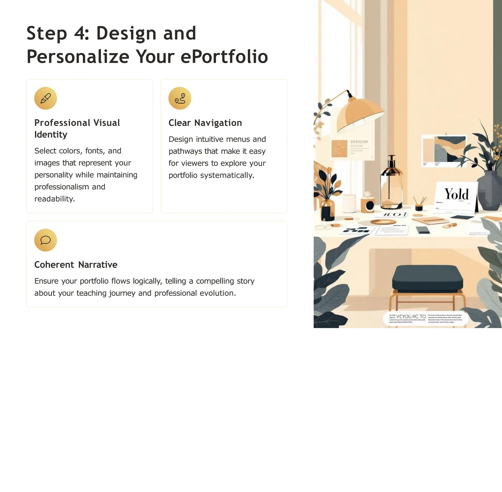 Step 4: Design and
Personalize Your ePortfolio
Professional Visual
Identity
Select colors, fonts, and
images that represent your
personality while maintaining
professionalism and
readability.
Clear Navigation
Design intuitive menus and
pathways that make it easy
for viewers to explore your
portfolio systematically.
Coherent Narrative
Ensure your portfolio flows logically, telling a compelling story
about your teaching journey and professional evolution.
 