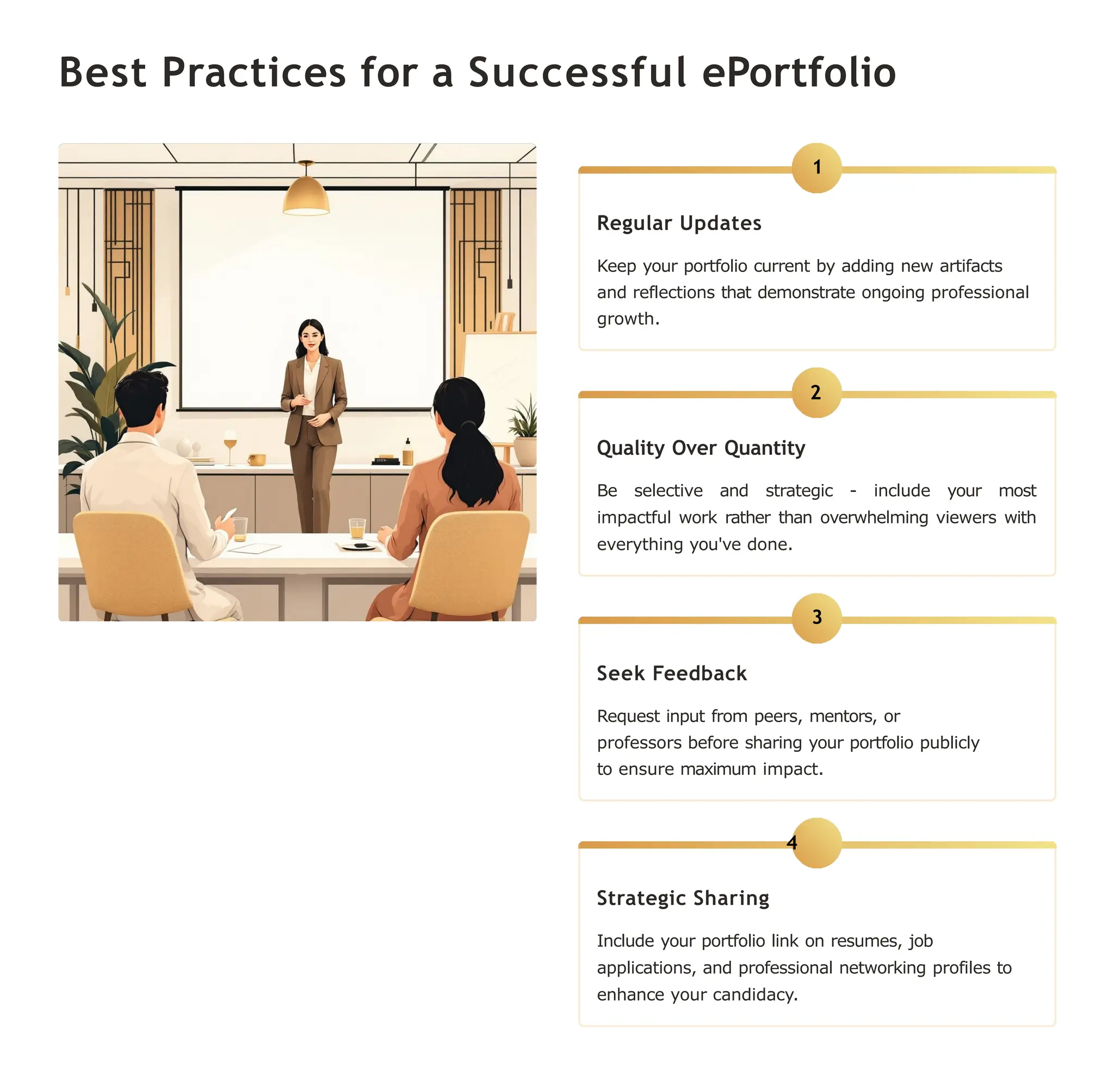Best Practices for a Successful ePortfolio
1
Regular Updates
Keep your portfolio current by adding new artifacts
and reflections that demonstrate ongoing professional
growth.
2
Quality Over Quantity
Be selective and strategic - include your most
impactful work rather than overwhelming viewers with
everything you've done.
3
Seek Feedback
Request input from peers, mentors, or
professors before sharing your portfolio publicly
to ensure maximum impact.
4
Strategic Sharing
Include your portfolio link on resumes, job
applications, and professional networking profiles to
enhance your candidacy.
 