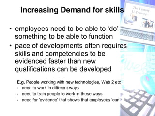Increasing Demand for skills  employees need to be able to ‘do’ something to be able to function pace of developments often requires skills and competencies to be evidenced faster than new qualifications can be developed E.g.  People working with new technologies, Web 2 etc need to work in different ways  need to train people to work in these ways need for 'evidence’ that shows that employees ‘can’ 