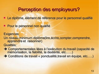 Perception des employeurs? Le diplôme, élément de référence pour le personnel qualifié Pour le personnel non qualifié Exigences:  Un niveau minimum diplôme(lire,écrire,compter,comprendre, apprendre et  raisonner)  Qualités:     Comportementales liées à l’exécution du travail (capacité de mémorisation, la fiabilité, la dextérité, etc.…..)    Conditions de travail « ponctualité,travail en équipe, etc.….) 13 