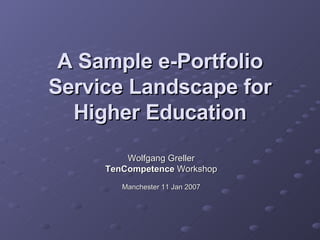 A Sample e-Portfolio Service Landscape for Higher Education Wolfgang Greller TenCompetence  Workshop Manchester 11 Jan 2007 