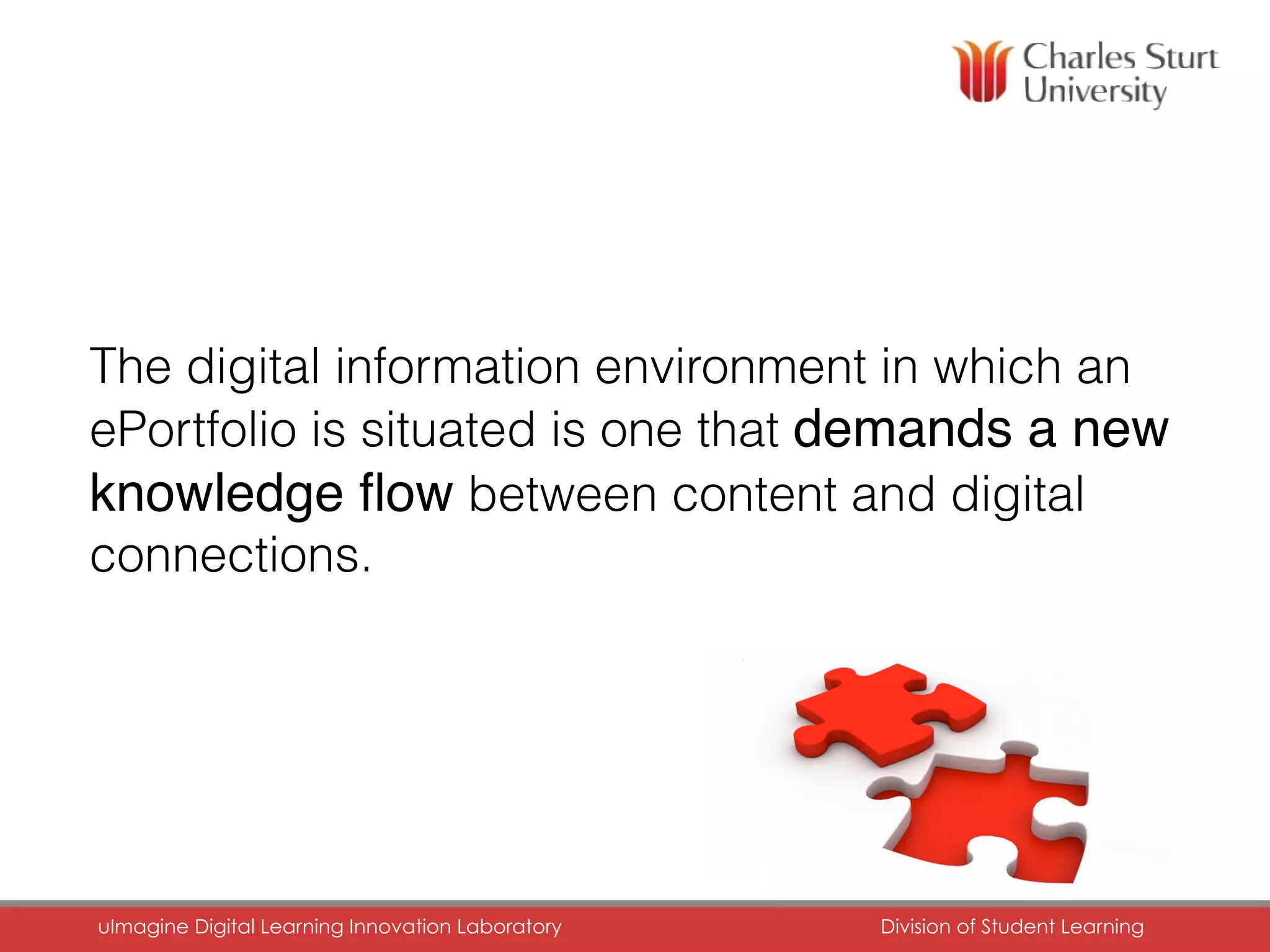 The digital information environment in which an
ePortfolio is situated is one that demands a new
knowledge ﬂow between content and digital
connections.
uImagine Digital Learning Innovation Laboratory	 Division of Student Learning	
 