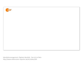 Iden<tätsmanagement:	
  Digitale	
  Iden<tät	
  -­‐	
  Das	
  Ich	
  im	
  Netz	
  
h4p://www.elektrischer-­‐reporter.de/elr/video/205
 