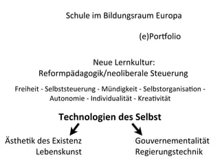 Schule	
  im	
  Bildungsraum	
  Europa

                                                               (e)Por'olio

                          Neue	
  Lernkultur:
              Reformpädagogik/neoliberale	
  Steuerung
   Freiheit	
  -­‐	
  Selbststeuerung	
  -­‐	
  Mündigkeit	
  -­‐	
  Selbstorganisa8on	
  -­‐	
  
                       Autonomie	
  -­‐	
  Individualität	
  -­‐	
  Krea8vität	
  

                        Technologien	
  des	
  Selbst

Ästhe<k	
  des	
  Existenz                                   Gouvernementalität
        Lebenskunst                                          Regierungstechnik
 