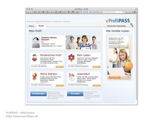ProﬁlPASS	
  -­‐	
  elektronisch	
  
hZps://www.eproﬁlpass.de
 