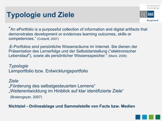 Typologie und Ziele  “ An ePortfolio is a purposeful collection of information and digital artifacts that demonstrates development or evidences learning outcomes, skills or competencies.”  (Cotterill, 2007) „ E-Portfolios sind persönliche Wissensräume im Internet. Sie dienen der Präsentation des Lernerfolgs und der Selbstdarstellung (“elektronischer Lebenslauf”), sowie als persönlicher Wissensspeicher.“  (Meinl, 2008) Typologie Lernportfolio bzw. Entwicklungsportfolio   Ziele „Förderung des selbstgesteuerten Lernens“  „Weiterentwicklung im Hinblick auf klar identifizierte Ziele“   (Bratengeyer, 2007) Nichtziel - Onlineablage und Sammelstelle von Facts bzw. Medien 