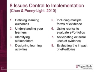 8 Issues Central to Implementation
(Chen & Penny-Light, 2010)

1. Defining learning    5. Including multiple
   outcomes                forms of evidence
2. Understanding your   6. Using rubrics to
   learners                evaluate ePortfolios
3. Identifying          7. Anticipating external
   stakeholders            uses of evidence
4. Designing learning   8. Evaluating the impact
   activities              of ePortfolios
 