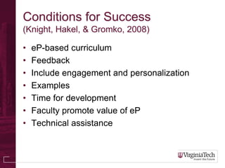 Conditions for Success
(Knight, Hakel, & Gromko, 2008)

•   eP-based curriculum
•   Feedback
•   Include engagement and personalization
•   Examples
•   Time for development
•   Faculty promote value of eP
•   Technical assistance
 