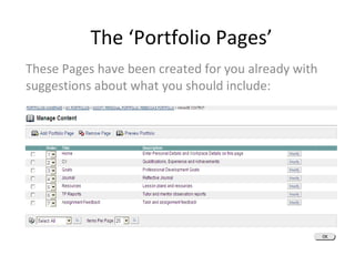 The ‘Portfolio Pages’ These Pages have been created for you already with suggestions about what you should include: 