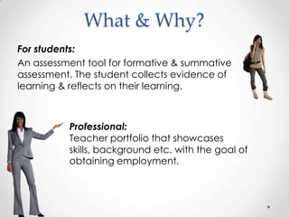 What & Why?
For students:
An assessment tool for formative & summative
assessment. The student collects evidence of
learning & reflects on their learning.

Professional:
Teacher portfolio that showcases
skills, background etc. with the goal of
obtaining employment.

 