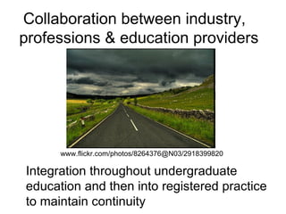 Collaboration between industry,  professions & education providers Integration throughout undergraduate education and then into registered practice to maintain continuity www.flickr.com/photos/8264376@N03/2918399820  