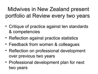 Midwives in New Zealand present portfolio at Review every two years  Critique of practice against ten standards & competencies Reflection against practice statistics Feedback from women & colleagues Reflection on professional development over previous two years Professional development plan for next two years 