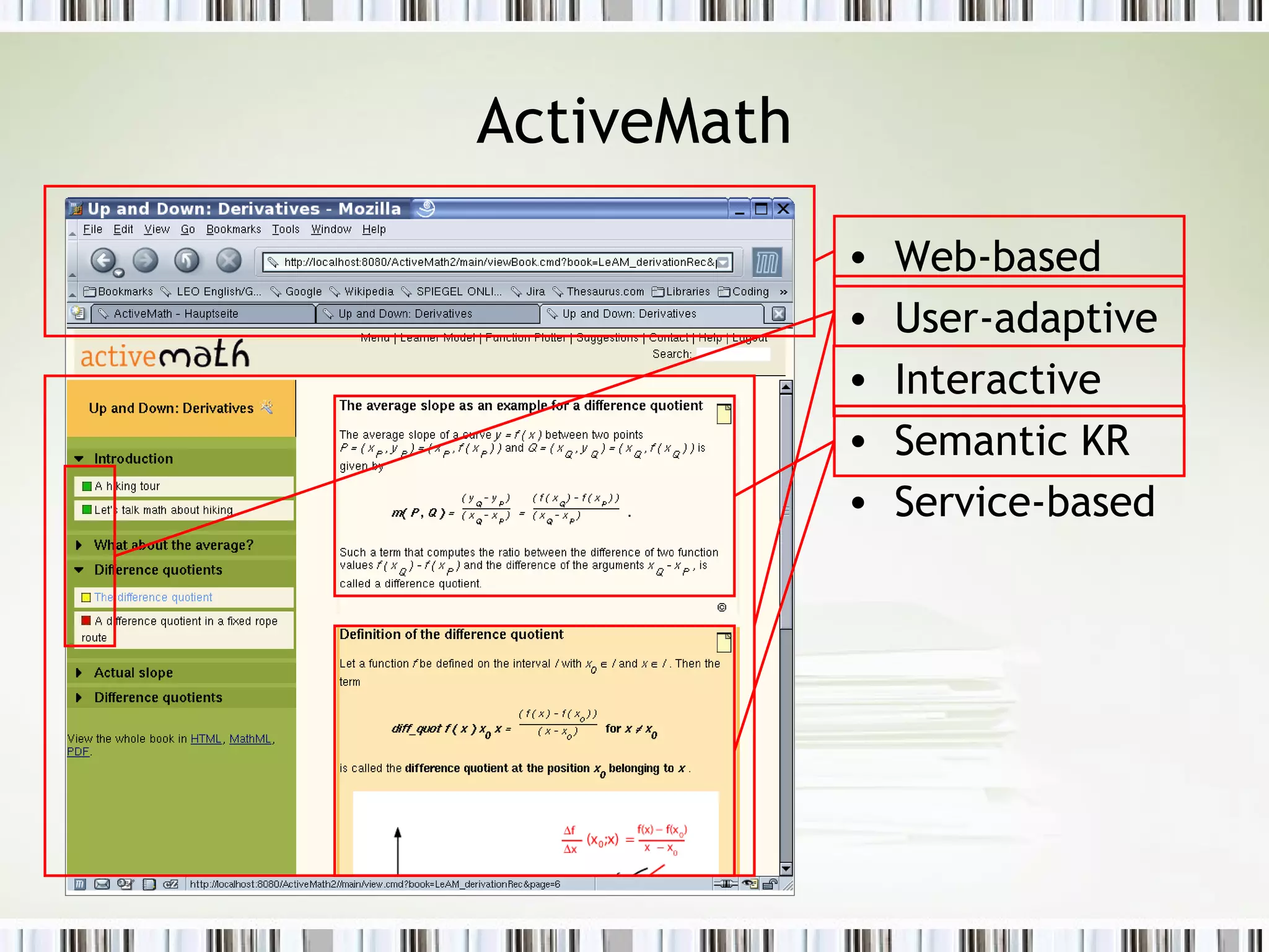 ActiveMath Web-based User-adaptive Interactive Semantic KR Service-based 