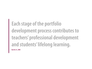 Each stage of the portfolio
development process contributes to
teachers’professional development
and students’lifelong learning.
Barrett, H., 2000
 