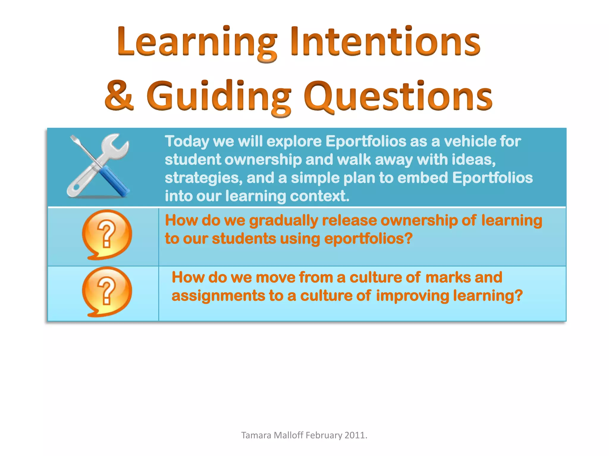 Learning Intentions& Guiding QuestionsTamara Malloff February 2011.How do we move from a culture of marks and assignments to a culture of improving learning?