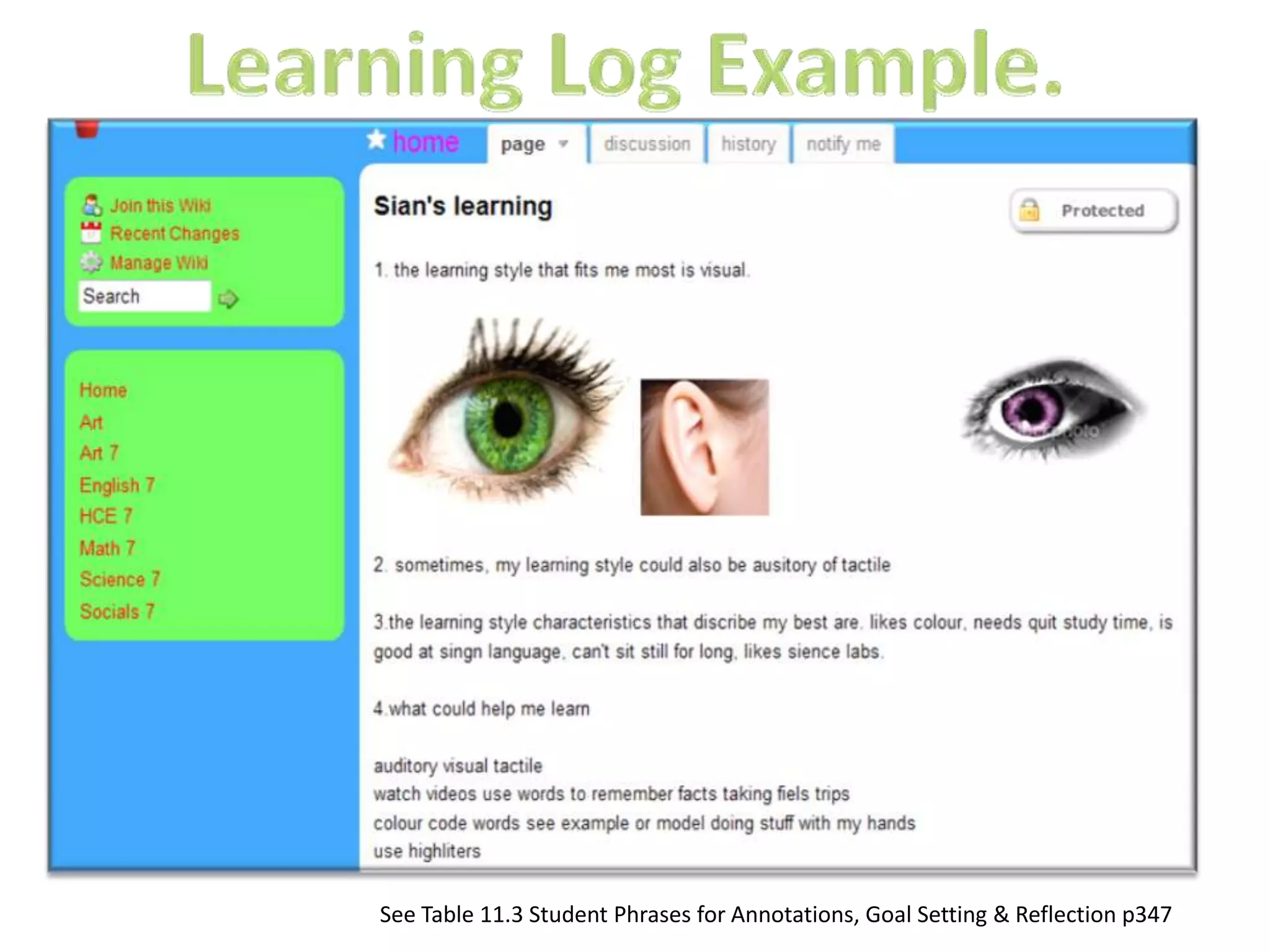 Learning Log Example.See Table 11.3 Student Phrases for Annotations, Goal Setting & Reflection p347
