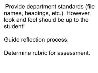  Provide department standards (file names, headings, etc.). However, look and feel should be up to the student! Guide reflection process.Determine rubric for assessment. 