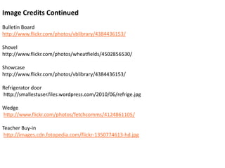 Image Credits ContinuedBulletin Board http://www.flickr.com/photos/vblibrary/4384436153/Shovel http://www.flickr.com/photos/wheatfields/4502856530/Showcase http://www.flickr.com/photos/vblibrary/4384436153/Refrigerator doorhttp://smallestuser.files.wordpress.com/2010/06/refrige.jpgWedge http://www.flickr.com/photos/fetchcomms/4124861105/Teacher Buy-in http://images.cdn.fotopedia.com/flickr-1350774613-hd.jpg