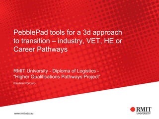 PebblePad tools for a 3d approach
to transition – industry, VET, HE or
Career Pathways

RMIT University - Diploma of Logistics -
“Higher Qualifications Pathways Project”
Pauline Porcaro
 