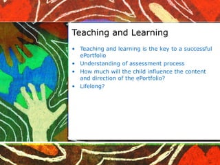 Teaching and Learning Teaching and learning is the key to a successful ePortfolio Understanding of assessment process How much will the child influence the content and direction of the ePortfolio? Lifelong? 
