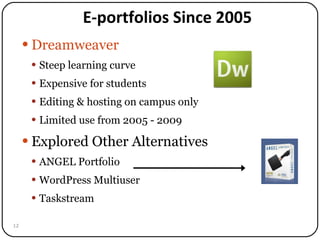 E-portfolios Since 2005 Dreamweaver Steep learning curve Expensive for students Editing & hosting on campus only Limited use from 2005 - 2009 Explored Other Alternatives ANGEL Portfolio WordPress Multiuser Taskstream 