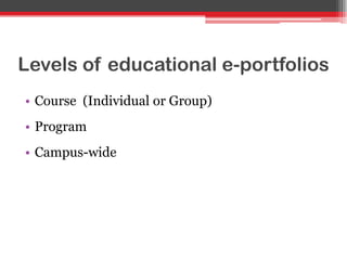 Levels of educational e-portfolios
• Course (Individual or Group)
• Program
• Campus-wide