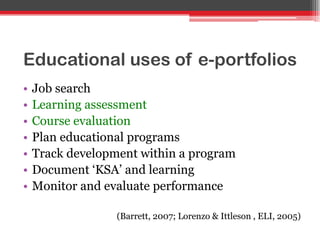 Educational uses of e-portfolios
• Job search
• Learning assessment
• Course evaluation
• Plan educational programs
• Track development within a program
• Document „KSA‟ and learning
• Monitor and evaluate performance
(Barrett, 2007; Lorenzo & Ittleson , ELI, 2005)
