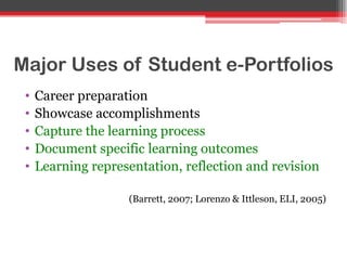 Major Uses of Student e-Portfolios
• Career preparation
• Showcase accomplishments
• Capture the learning process
• Document specific learning outcomes
• Learning representation, reflection and revision
(Barrett, 2007; Lorenzo & Ittleson, ELI, 2005)