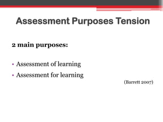 Assessment Purposes Tension
2 main purposes:
• Assessment of learning
• Assessment for learning
(Barrett 2007)