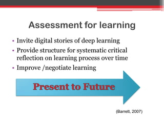 Assessment for learning
• Invite digital stories of deep learning
• Provide structure for systematic critical
reflection on learning process over time
• Improve /negotiate learning
(Barrett, 2007)