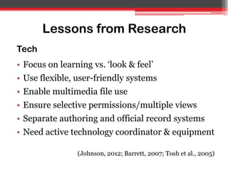Lessons from Research
Tech
• Focus on learning vs. „look & feel‟
• Use flexible, user-friendly systems
• Enable multimedia file use
• Ensure selective permissions/multiple views
• Separate authoring and official record systems
• Need active technology coordinator & equipment
(Johnson, 2012; Barrett, 2007; Tosh et al., 2005)