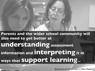 Parents and the wider school community will
also need to get better at
understanding assessment
information and interpreting it in
ways that support learning...

http://ﬂickr.com/photos/torres21/   Directions for Assessment in New Zealand
 