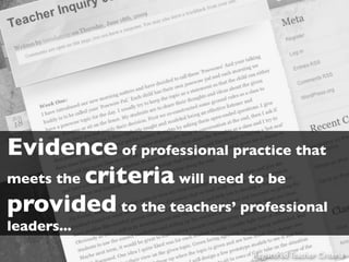 Evidence of professional practice that
meets the criteria will need to be
provided to the teachers’ professional
leaders...
                             Registered Teacher Criteria
 