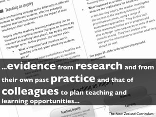 evidence from research and from
...
their own past practice and that of
colleagues to plan teaching and
learning opportunities...
                            The New Zealand Curriculum
 