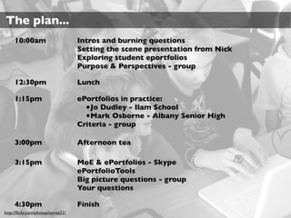 The plan...
     10:00am                        Intros and burning questions
                                    Setting the scene presentation from Nick
                                    Exploring student eportfolios
                                    Purpose & Perspectives - group

     12:30pm                        Lunch

     1:15pm                         ePortfolios in practice:
                                      •Jo Dudley - Ilam School
                                      •Mark Osborne - Albany Senior High
                                    Criteria - group

     3:00pm                         Afternoon tea

     3:15pm                         MoE & ePortfolios - Skype
                                    ePortfolioTools
                                    Big picture questions - group
                                    Your questions

     4:30pm                         Finish
http://ﬂickr.com/photos/torres21/
 