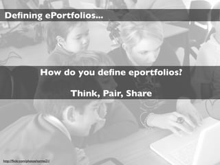 Deﬁning ePortfolios...




                          How do you deﬁne eportfolios?

                                    Think, Pair, Share




http://ﬂickr.com/photos/torres21/
 