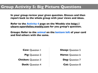 Group Activity 5: Big Picture Questions
    In your group review your given question. Discuss and then
    report back to the whole group with your views and ideas.

    Refer to the Activity 4 page on the Weebly site http://
    ulearn-eportfolios.weebly.com for you group’s question.

    Groups: Refer to the animal on the bottom left of your card
    and ﬁnd others with the same.




             Cow: Question 1              Sheep: Question 5
               Pig: Question 2            Horse: Question 6
          Chicken: Question 3               Dog: Question 7
            Duck: Question 4                 Cat: Question 8
 